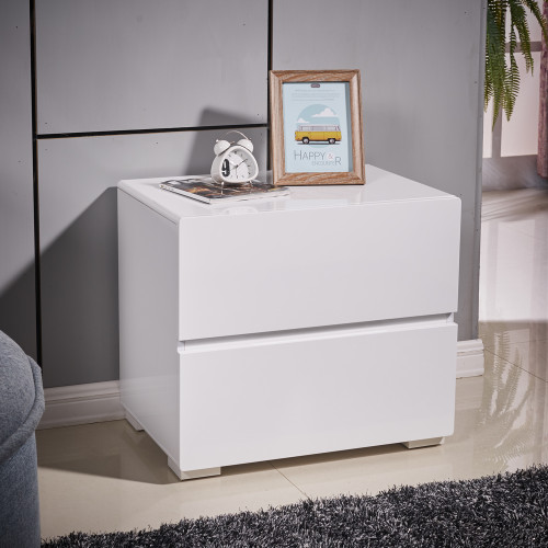 Designer High Gloss White Bedside Table Nightstand Cabinet 2 Drawers