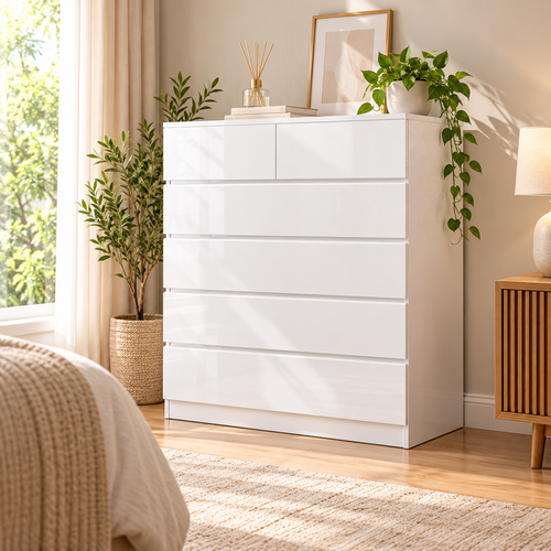 High Gloss White 6-Drawer Tallboy Chest