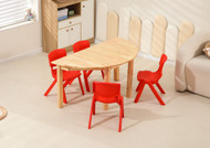 120x60cm Semi Circle Timber Pinewood Wooden Kids Table Activity Study Desk & 4 Red Chairs Set