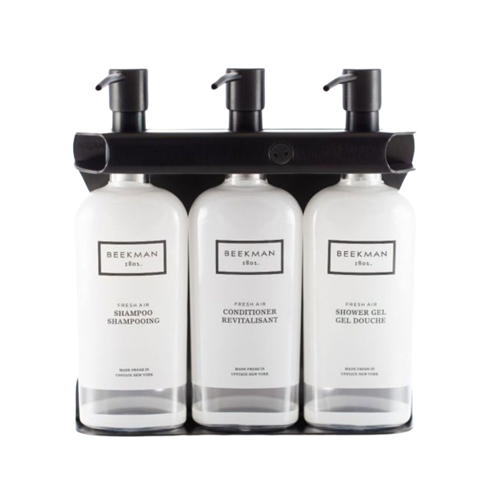 3-Chamber Black Aquamenities Fixture | Custom Beekman Bottles
