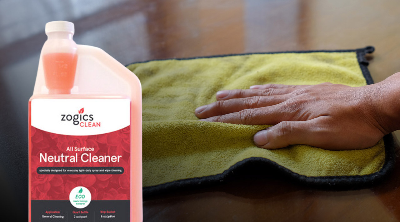 Neutral pH floor cleaner and microfiber for removing scuff marks safely