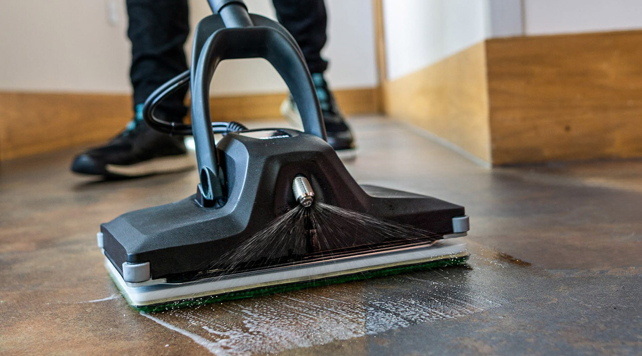 Removing scuff marks from a commercial floor with the correct pad and cleaner