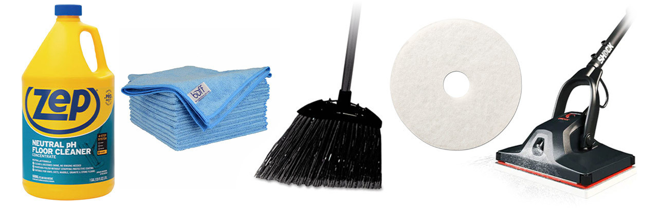 Commercial floor cleaning tools including pads, mops, and neutral cleaner
