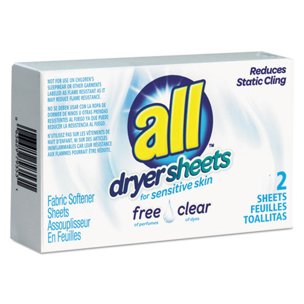 Dryer Sheets for Sensitive Skin, Fragrance Free, 2 Sheets/Box, 100/Case |  All Free Clear