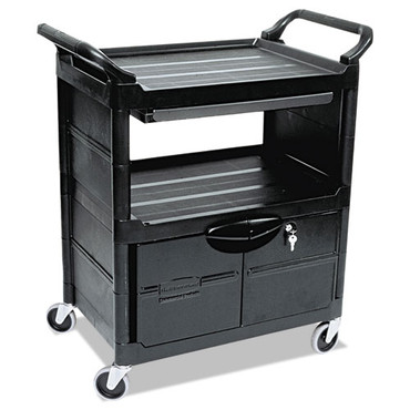 Rubbermaid RCP345700BLA Two-Shelf Utility Cart With Locking Doors