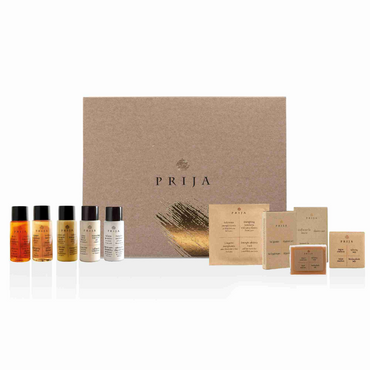 Prija complete hotel amenities set in recycled paper packaging made in Italy