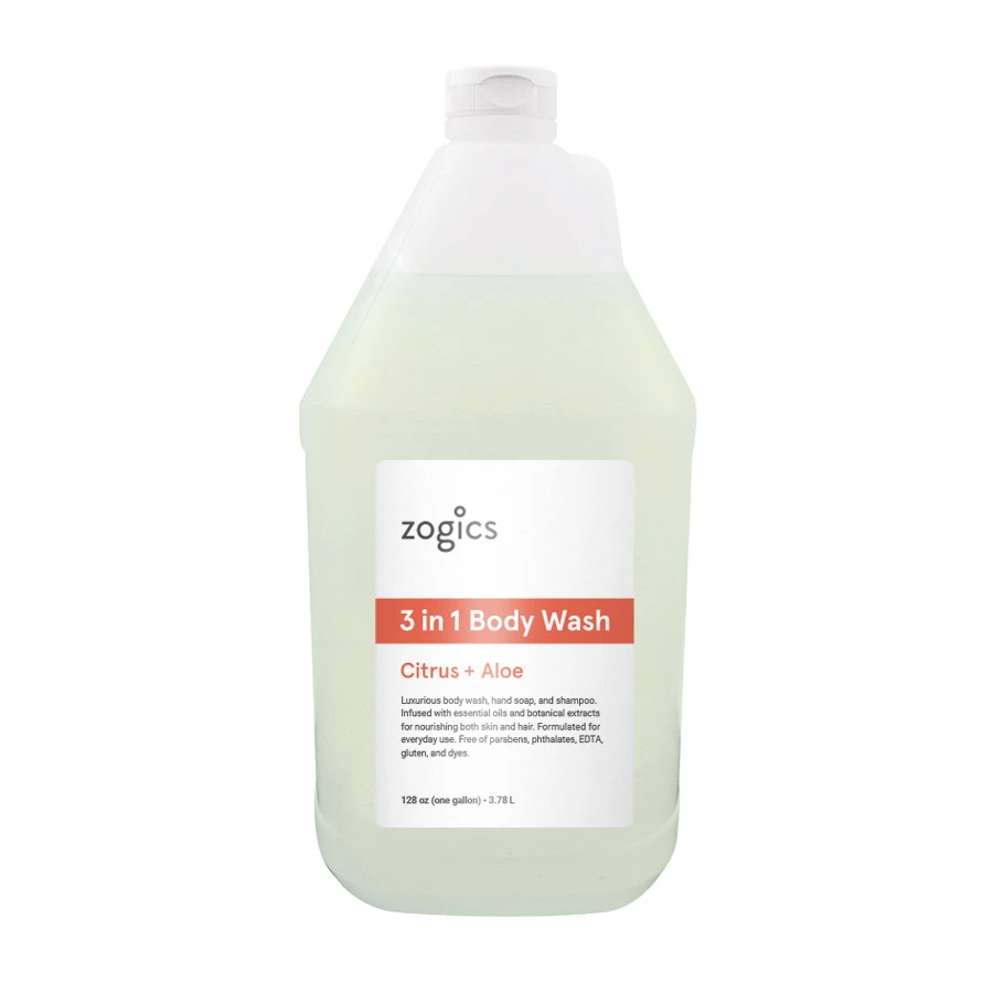 Zogics Citrus & Aloe 3 in 1 Body Wash, Hand Soap & Shampoo, 1 gallon jug