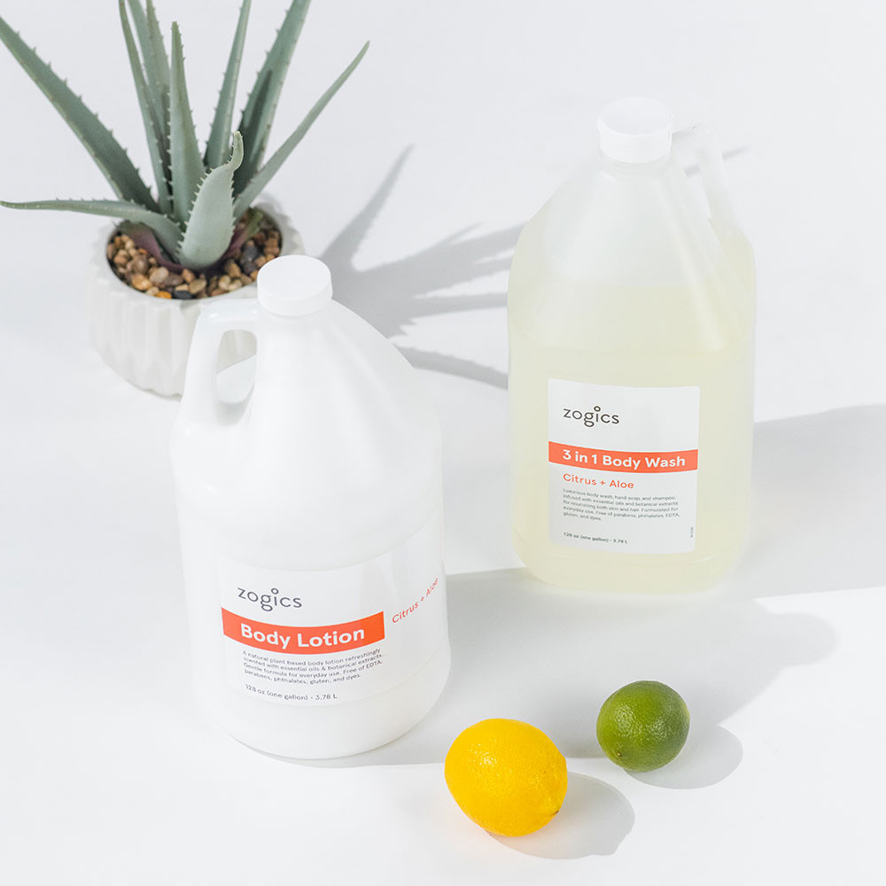 Spa‑size Zogics Citrus & Aloe 3‑in‑1 body care lotion—recyclable container for shower, hands, hair