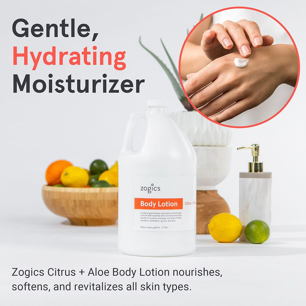 Zogics Citrus & Aloe Body Lotion—deeply moisturizes skin with aloe and vitamin‑rich citrus extracts