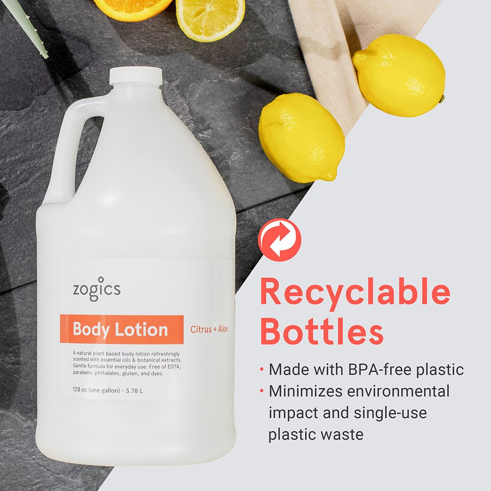 Zogics Citrus & Aloe Body Lotion—packaged in a 100% recyclable bottle to reduce plastic waste
