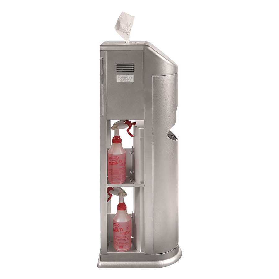 All-in-One Sanitizing Station with integrated wipe dispenser