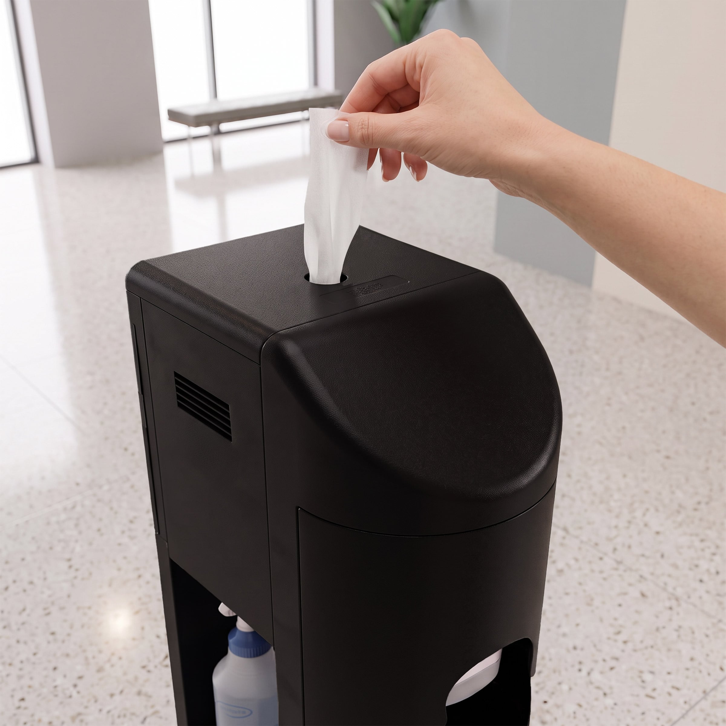 Clean Station with accessible wipe and sanitizer placement