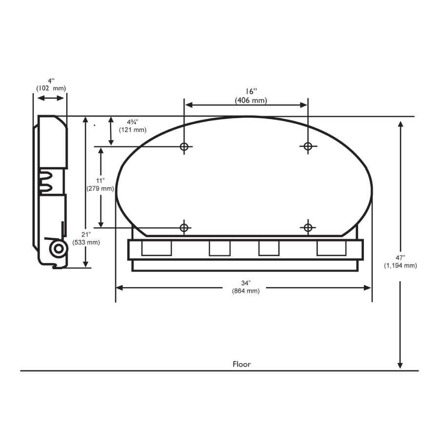 Koala Kare Oval Plastic Baby Changing Station, KB208 - Dimensions