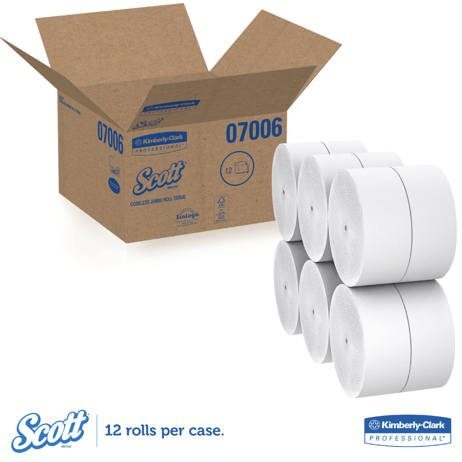 Kimberly-Clark Scott 2-Ply Coreless Jumbo Roll Tissue Jr. Bathroom Tissue, 07006 (1150 ft/roll) (12 rolls/case)