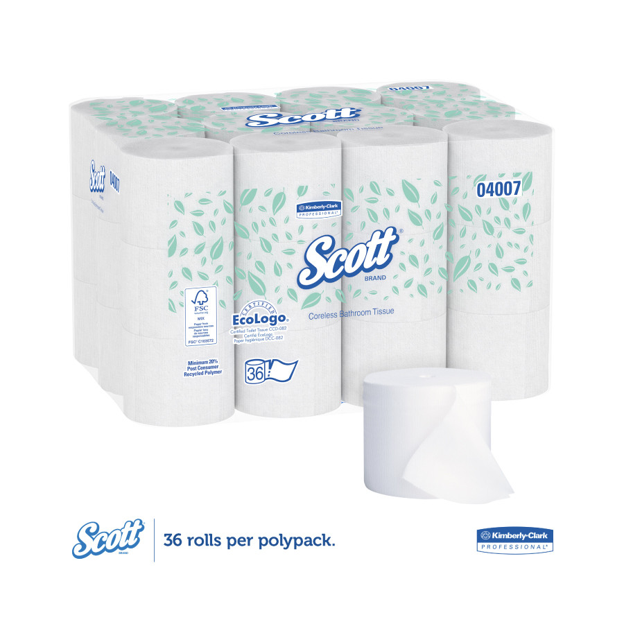 Kimberly-Clark Scott Coreless Standard Roll Bathroom Tissue, 04007 (1000 sheets/roll) (36 rolls/case)