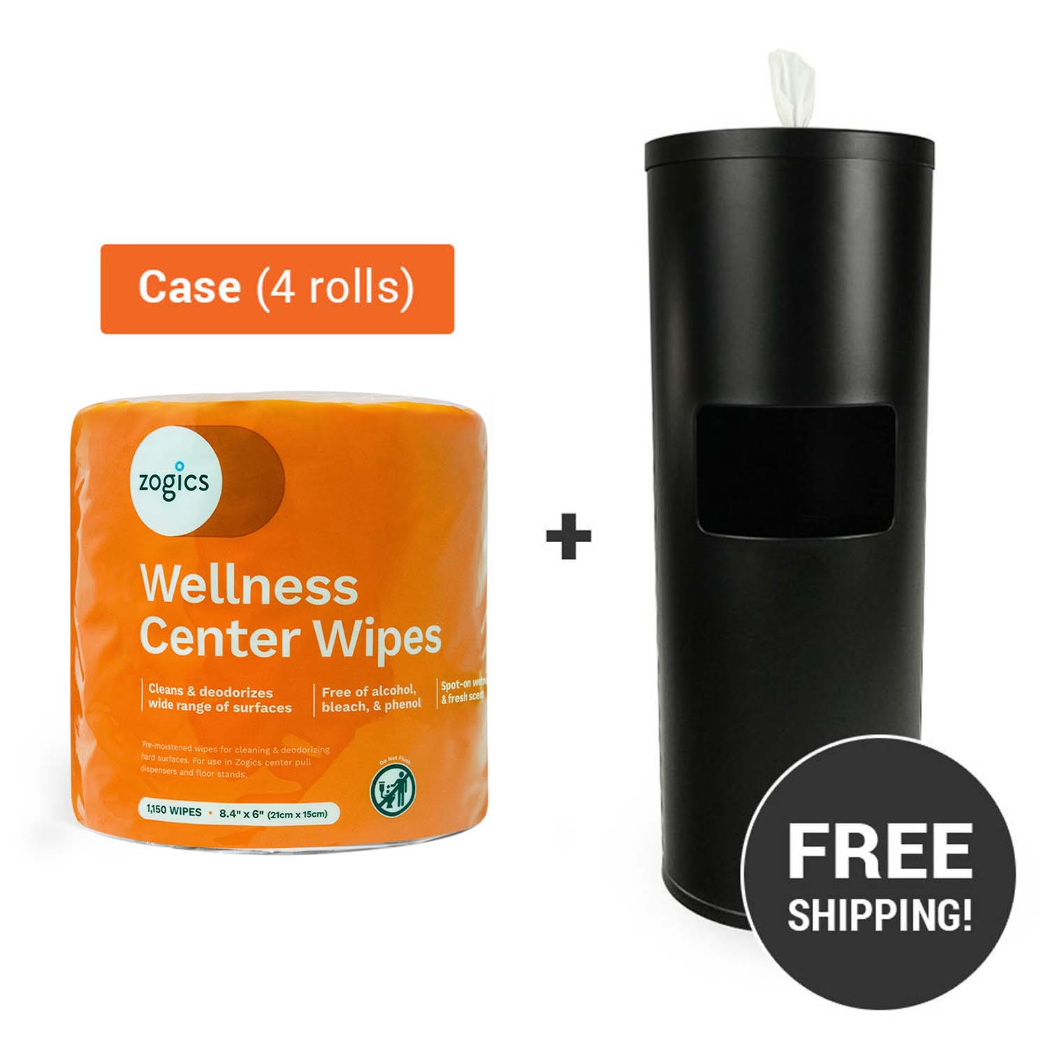 Black powder-coated floor stand with Zogics Wellness Center Wipes for door disinfecting wipes solution