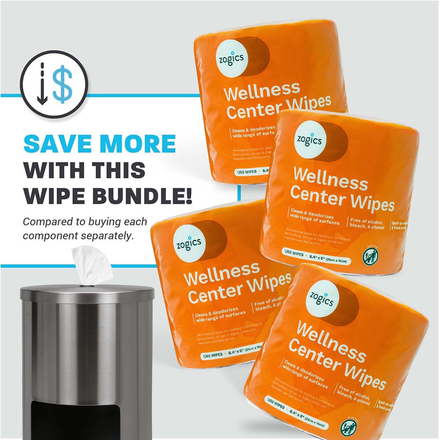 Bundle savings graphic for Zogics Cleaning Wipes and floor stand dispenser