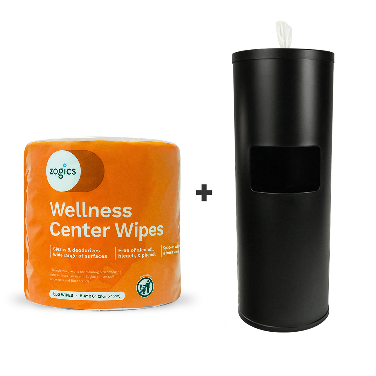 Black powder-coated floor stand with Zogics Wellness Center Wipes cleaning solution