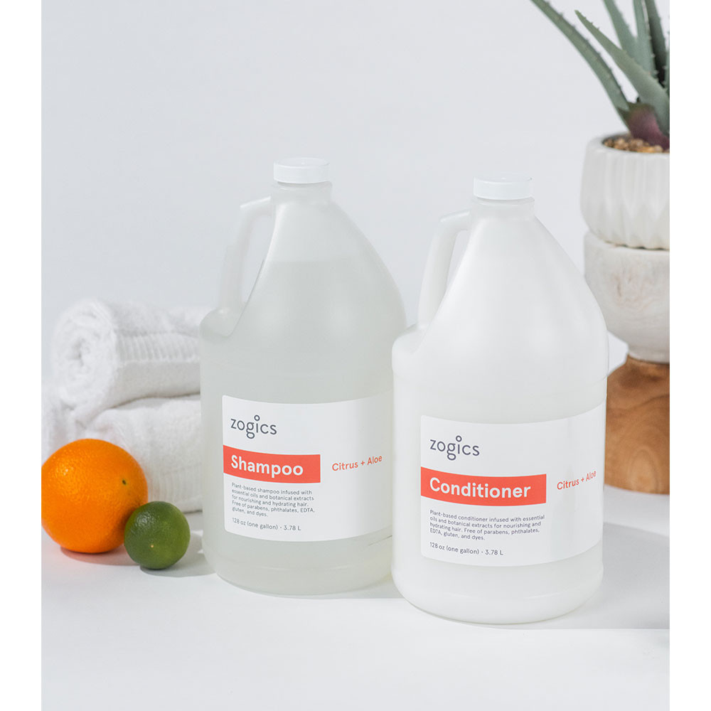 Eco‑refill Zogics Citrus & Aloe Conditioner—paraben-free formula that restores moisture and shine