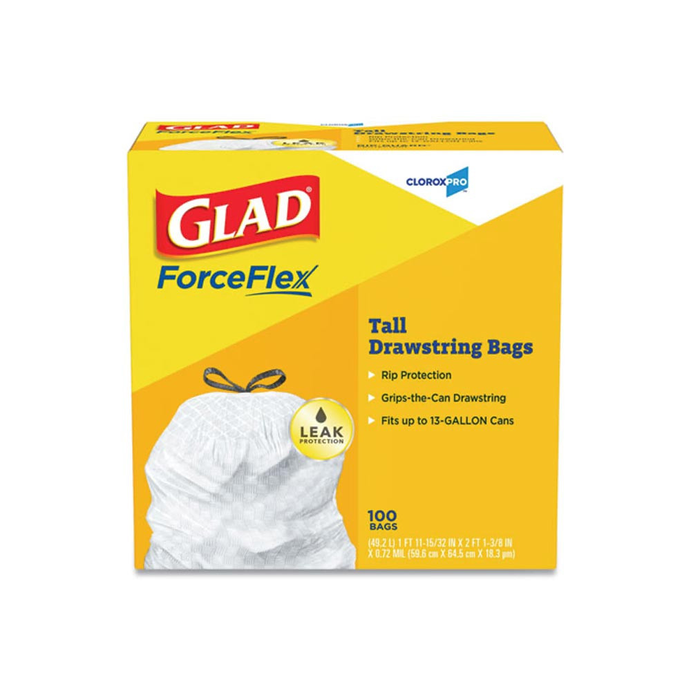 Glad Tall Kitchen Drawstring Bags, 13gal, .95mil, White (100 units/box)