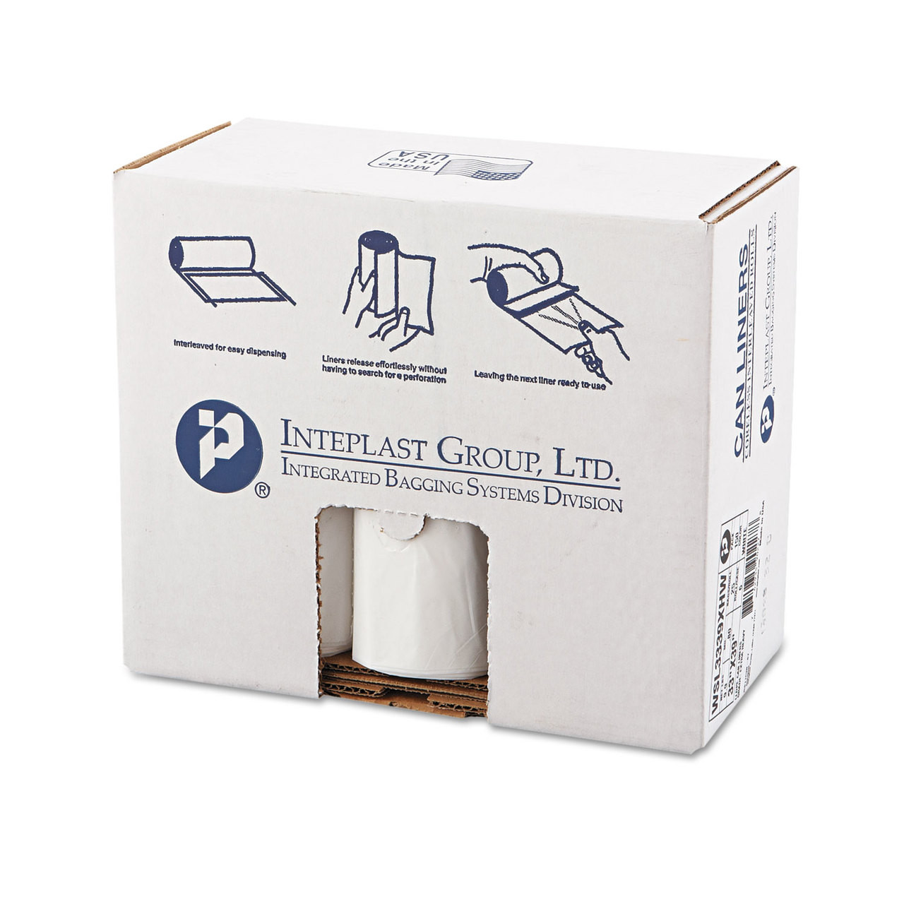 Coreless, interleaved rolls of low-density institutional can liners.