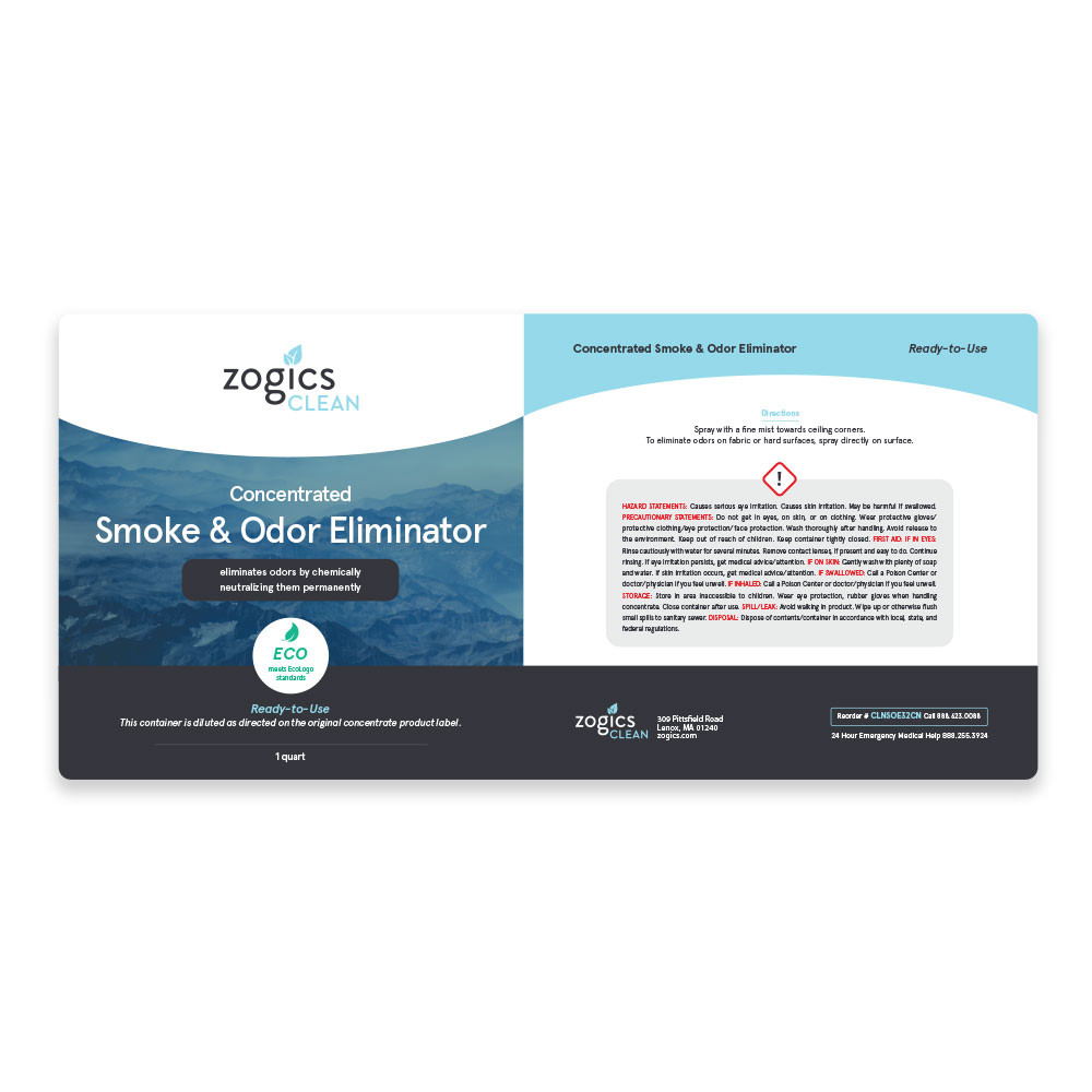 Zogics 32 oz spray bottle with a pre-printed Smoke & Odor Eliminator label