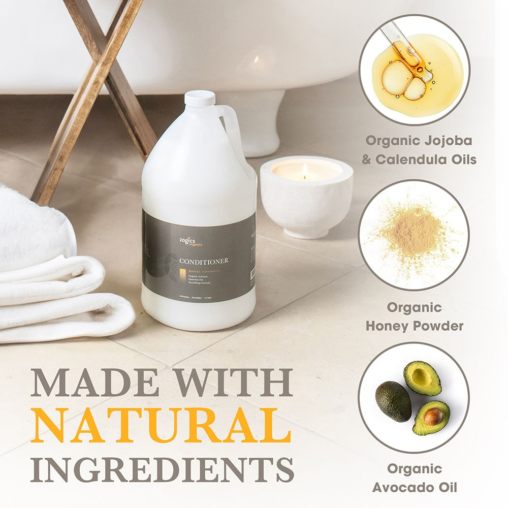 Honey Coconut conditioner ingredient panel showing aloe vera, sweet almond oil, and honey