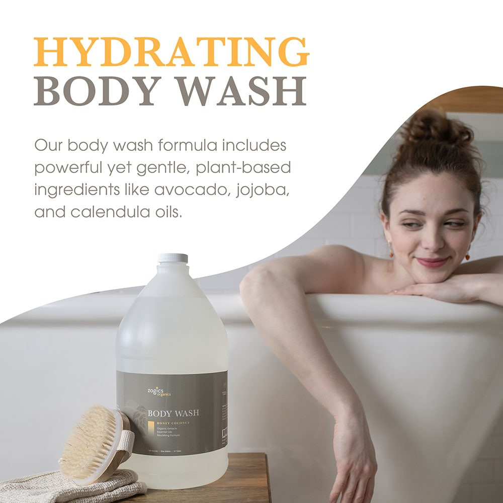 Smooth clear stream of body wash on skin, highlighting moisturizing avocado and jojoba oils
