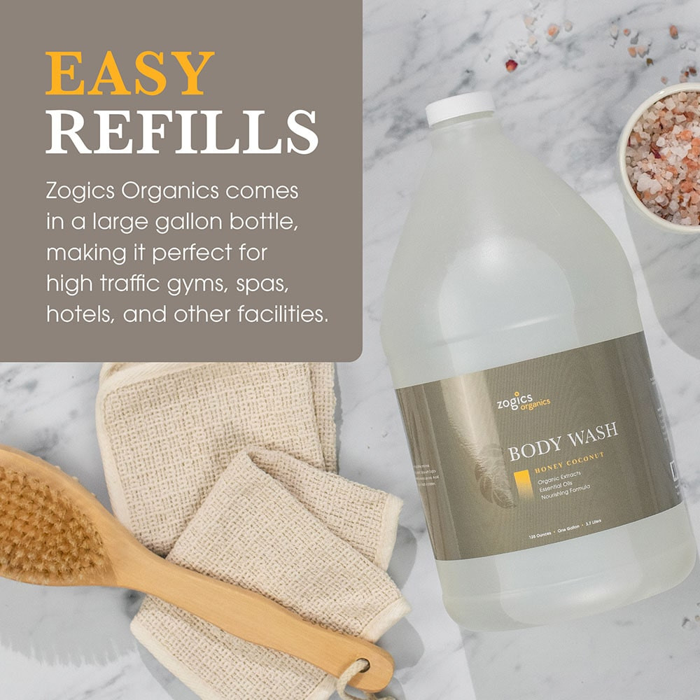 Luxury suite bathroom stocked with gallon refill of Zogics Honey Coconut wash