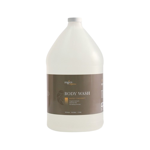 Clear gallon jug of Zogics Organics Honey Coconut Body Wash with pump dispenser