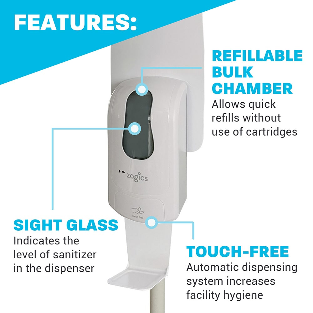 Wall-mounted and freestanding hand sanitizer dispenser options with visual setup instructions for public facilities.