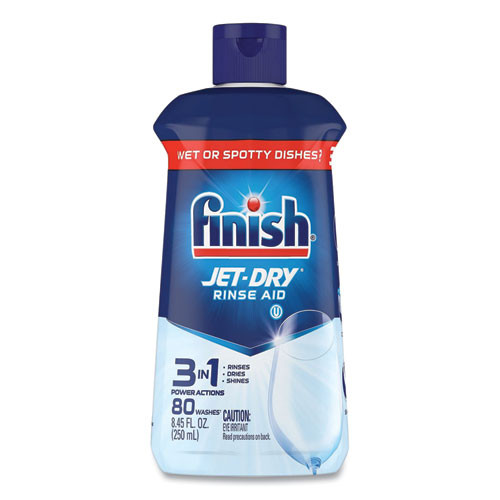 Finish Jet-Dry Rinse Aid bottle for dishwashers with powerful drying formula.