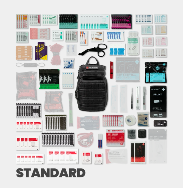MyMedic Recon standard first aid kit layout – complete medical supply pack with labeled components