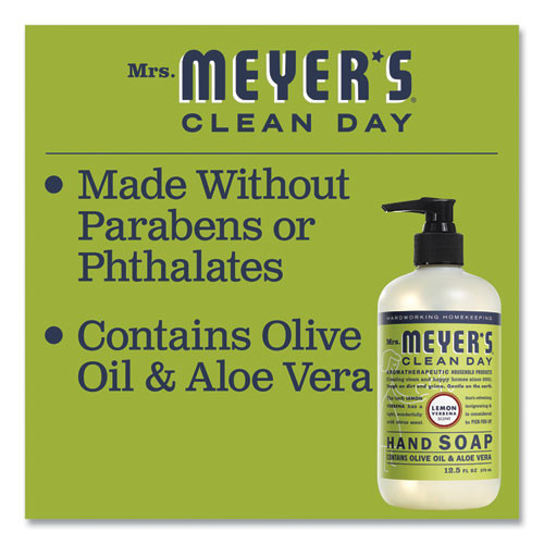 Display of Meyer’s Clean Day Soap with a label highlighting ingredients like olive oil and aloe vera, listed under the name Mrs. Meyers Hand Soap.