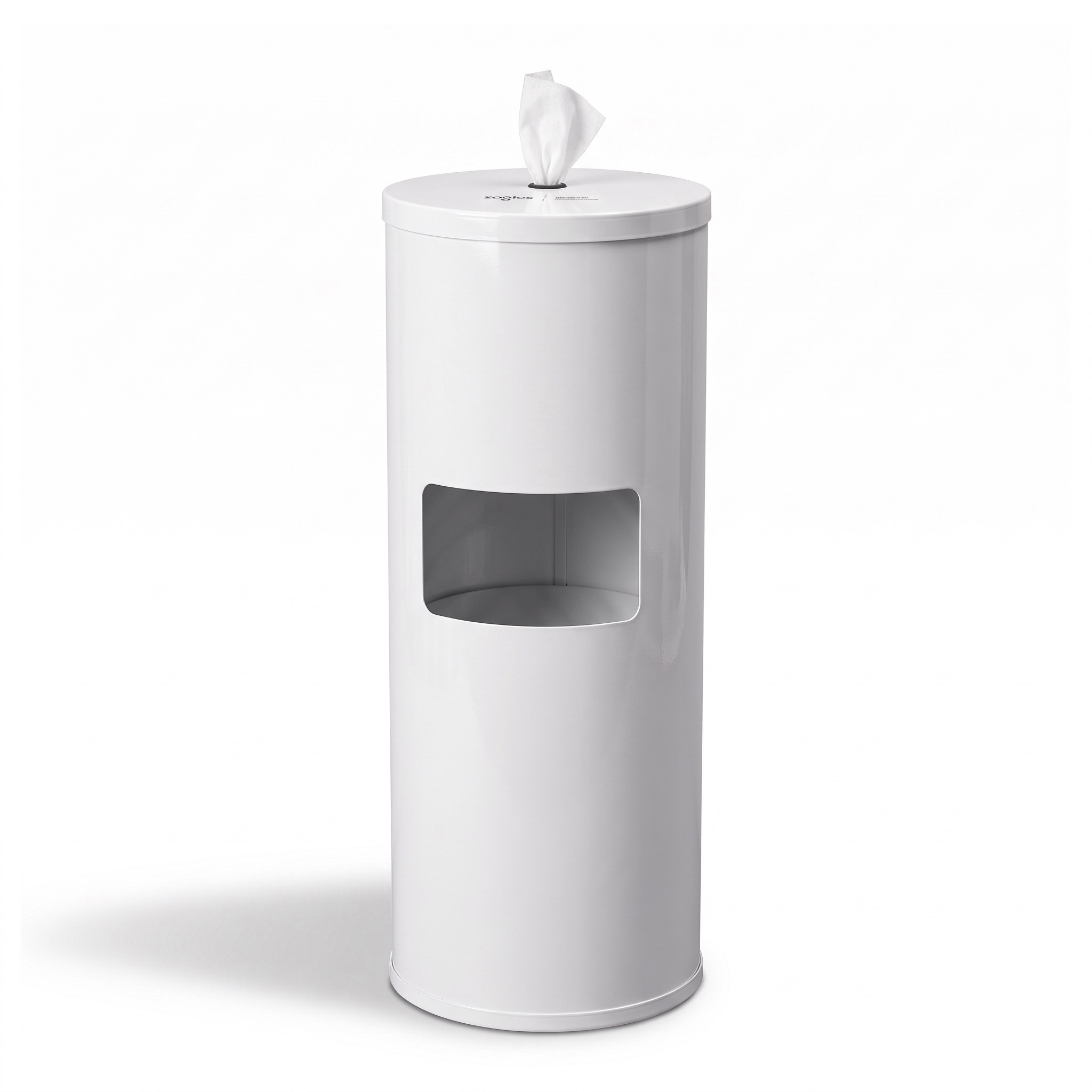 White powder-coated Zogics Z650W floor wipe dispenser with built-in trash bin