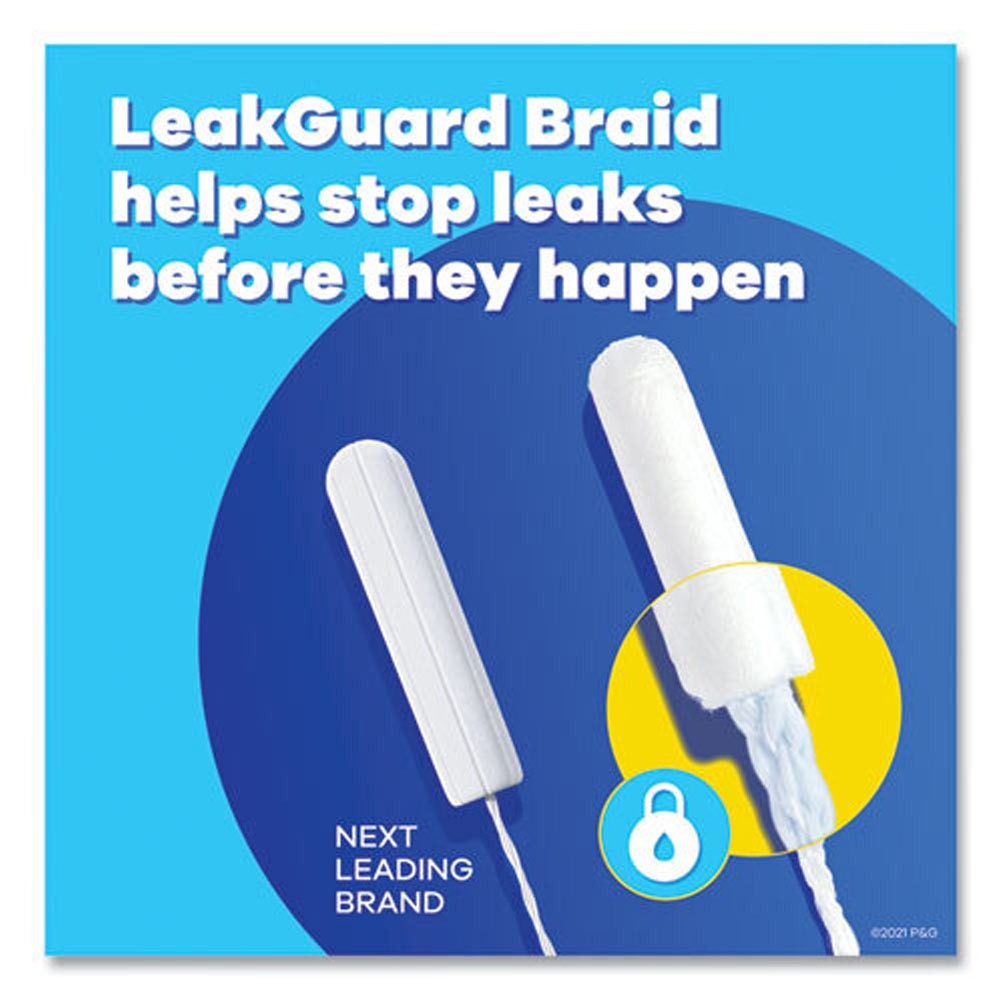Graphic showing Tampax Pearls tampons with applicators, emphasizing LeakGuard braid and regular absorbency for everyday protection.
