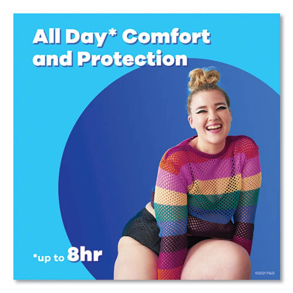 Always Thin Pads promotional image featuring a woman in a purple shirt and product benefits.