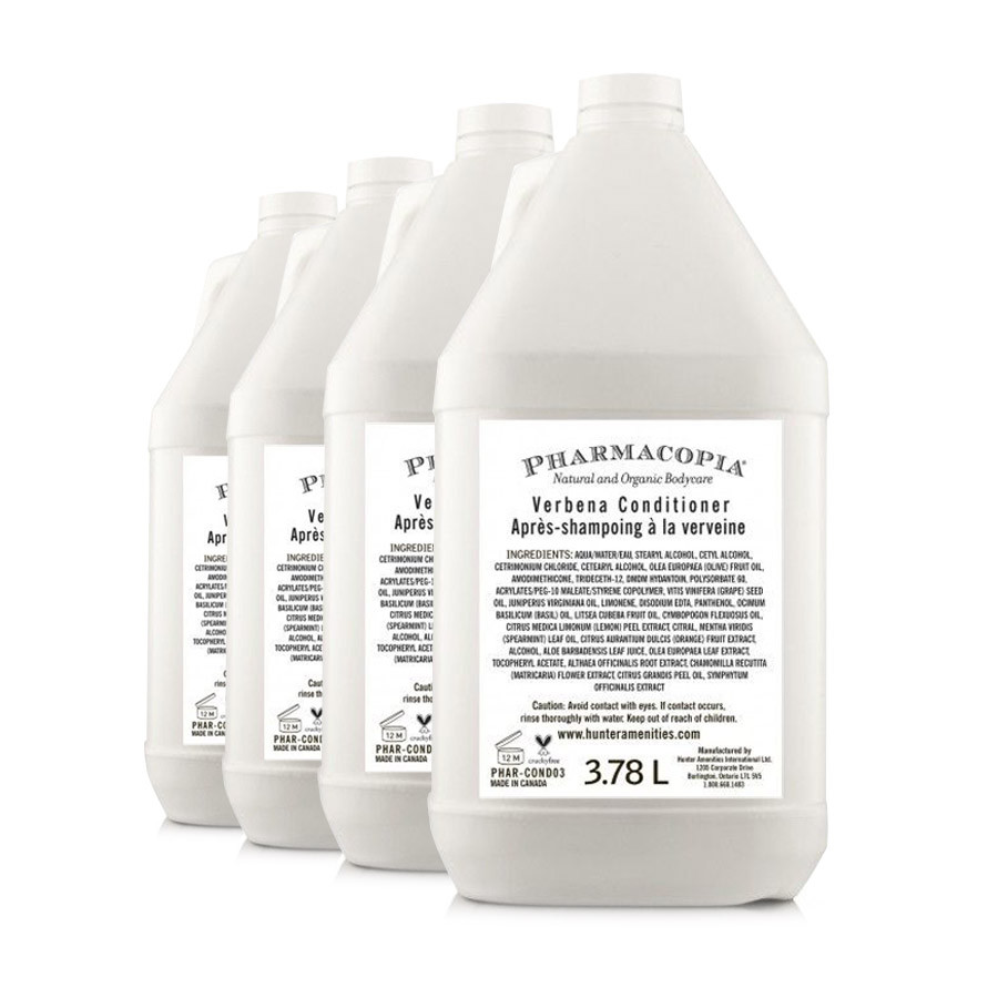 Four-pack 1 Gallon Pharmacopia Verbena Conditioner—eco‑refill with botanical swirl motifs