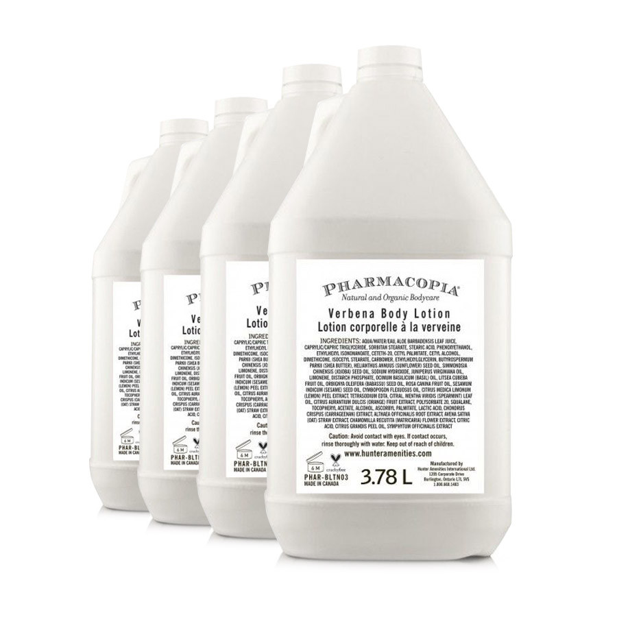 Four-pack 1 Gallon Pharmacopia Verbena Body Lotion case—organic plant extract label design