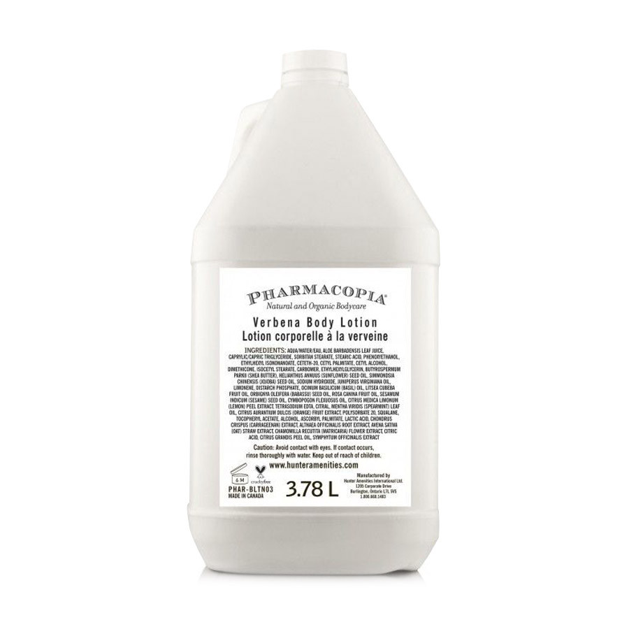 Pharmacopia Verbena Body Lotion in 1 Gallon jug with citrus, basil, and mint leaf