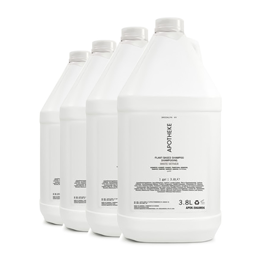 Case of 4 Apotheke White Vetiver Shampoo gallons with a pump
