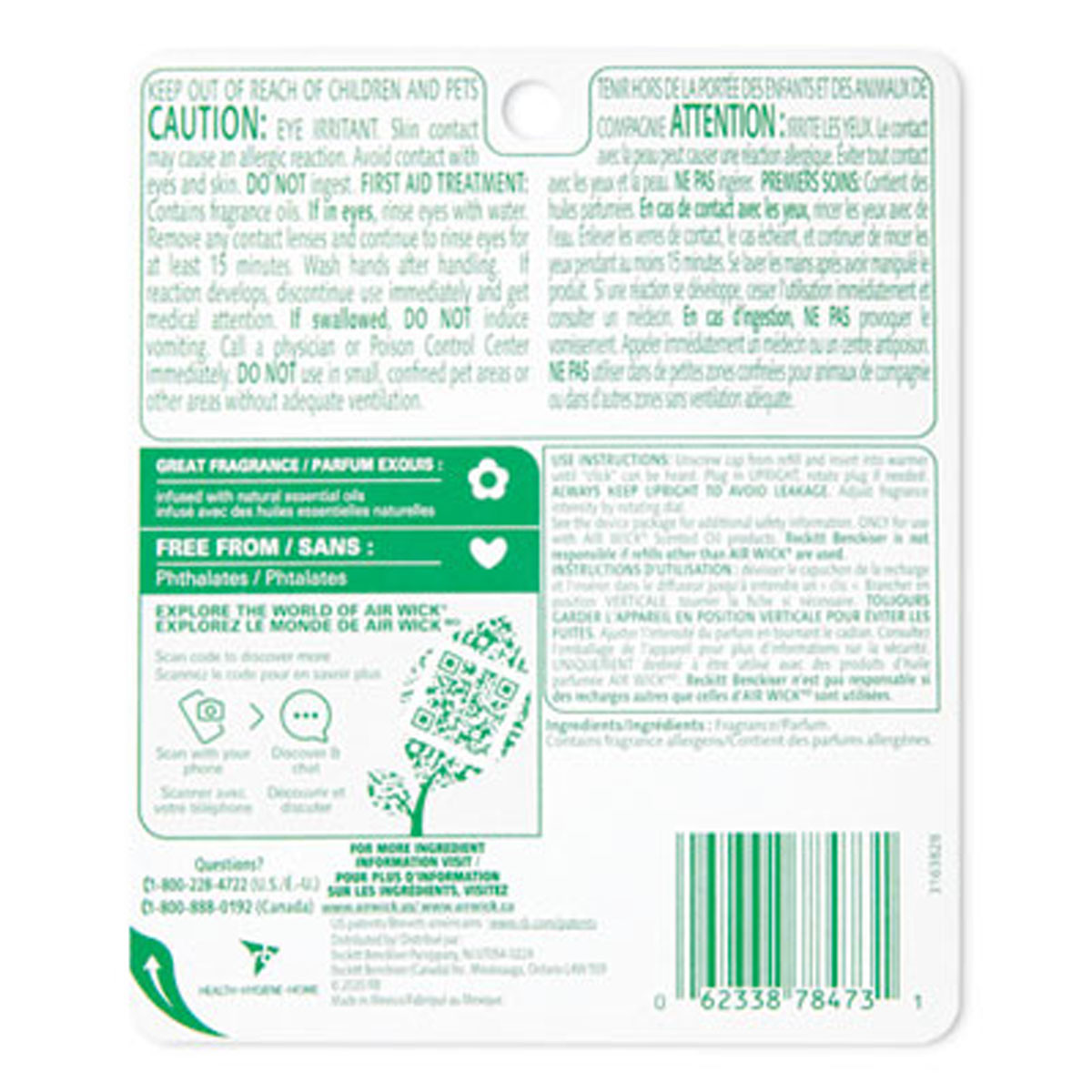 Back label of Air Wick Lavender Refill showing ingredients and usage