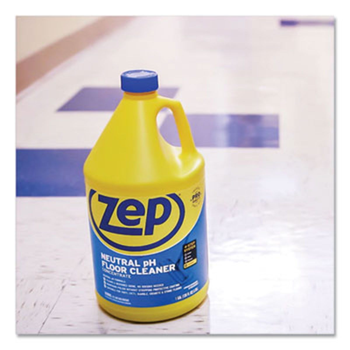 Zep pH Neutral Floor Cleaner placed on a polished floor surface