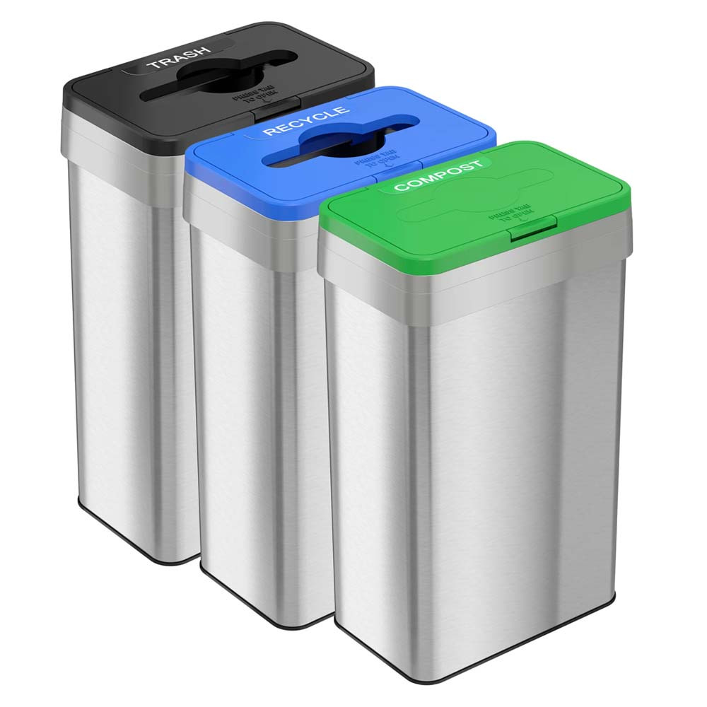 21 Gal Rectangular Compost/Recycle/Trash Bins Set, Stainless Steel