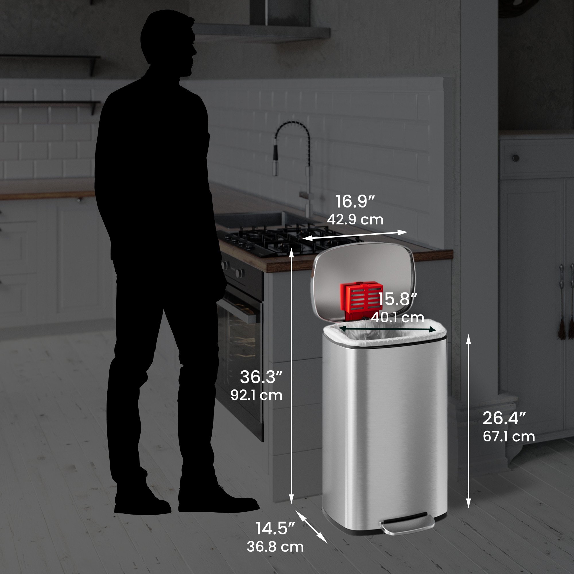 13 Gal Step Trash Can, Plastic Inner Bin, Stainless Steel