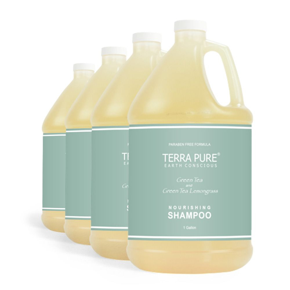 Bulk case of 4 Terra Pure Green Tea & Lemongrass Shampoo gallons, easy-refill design for hospitality