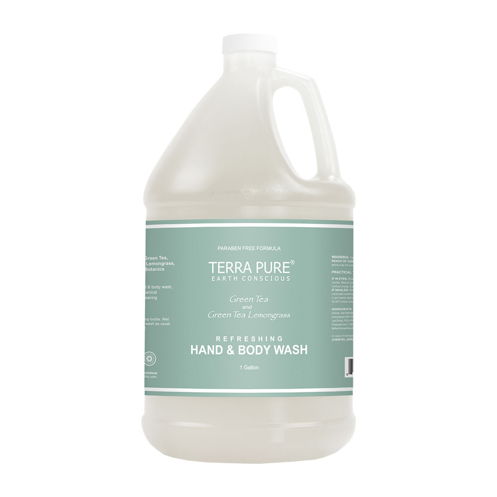 Eco-conscious recyclable Terra Pure Green Tea Hand & Body Wash gallon