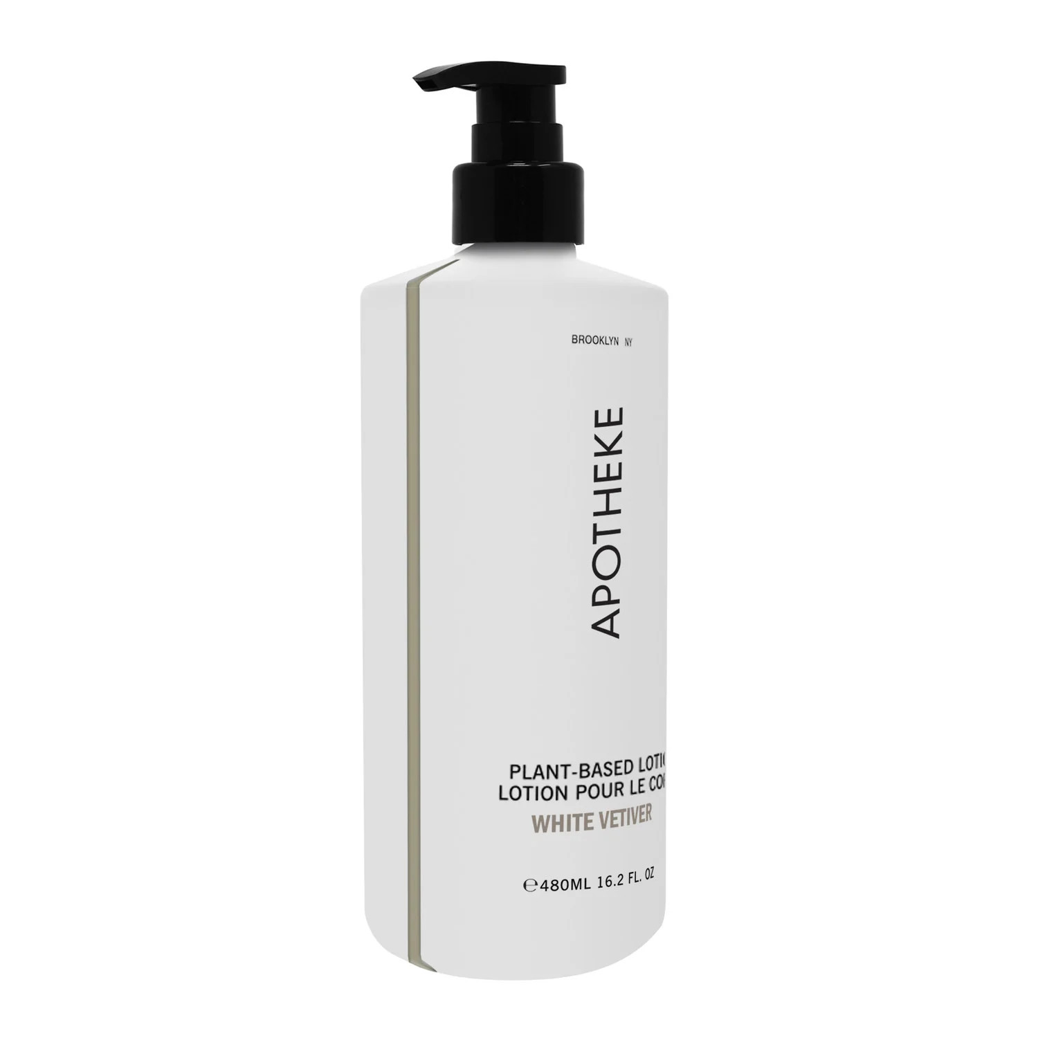 16.2 oz White Vetiver lotion by Apotheke in a reusable dispenser