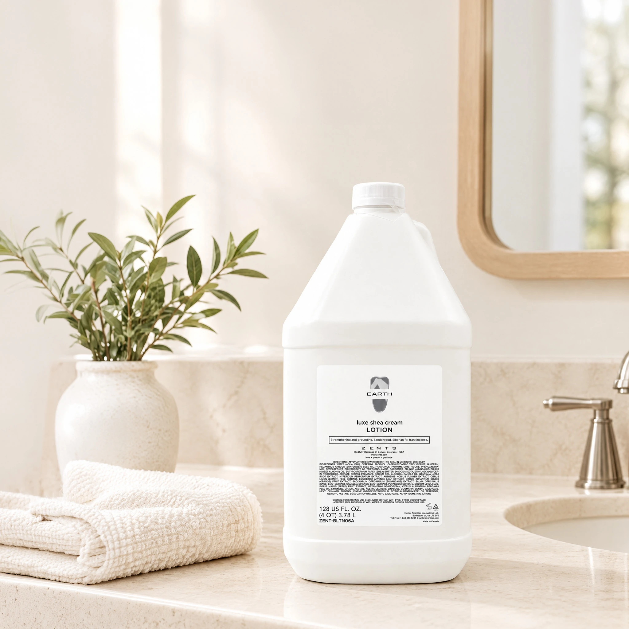 Zents Earth Lotion 1 gallon bottle on bathroom counter