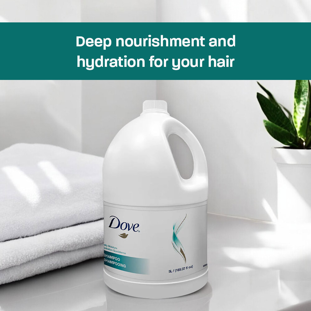 Dove Pro Shampoo Gallon 5L placed next to towels with hydration message